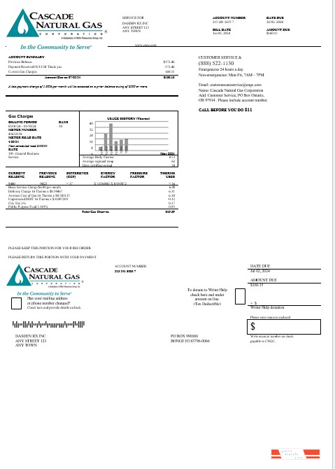 USA Cascade Natural Gas business utility bill, Word and PDF template PSD template